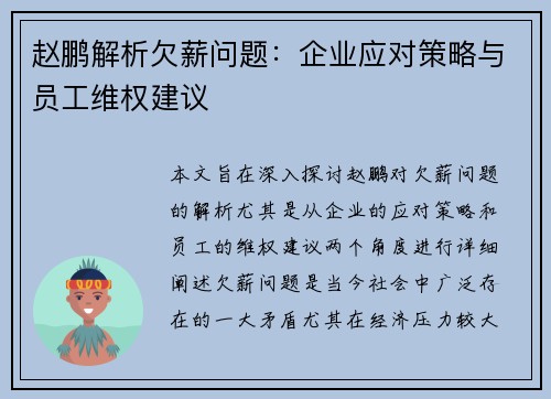 赵鹏解析欠薪问题：企业应对策略与员工维权建议